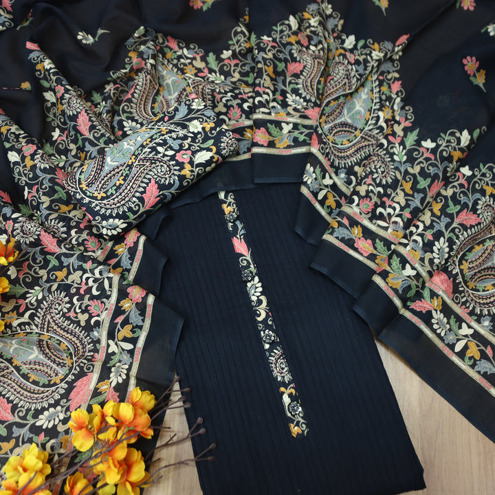 Aafeemi Navy Blue with Button Work Patch in Pintuck Work Cotton Suit Set