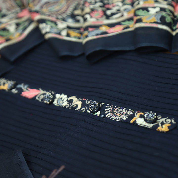 Aafeemi Navy Blue with Button Work Patch in Pintuck Work Cotton Suit Set