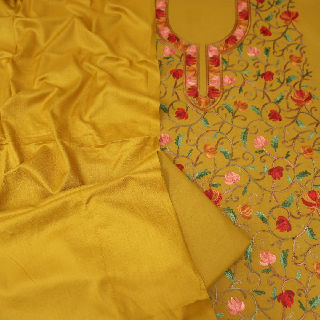 परशक्ति Dijon Yellow Elegant Woven Kashida Embroidery Semi Pashmina Winter Set