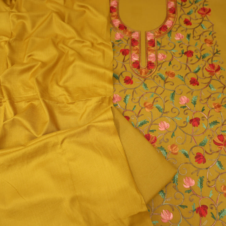 परशक्ति Dijon Yellow Elegant Woven Kashida Embroidery Semi Pashmina Winter Set