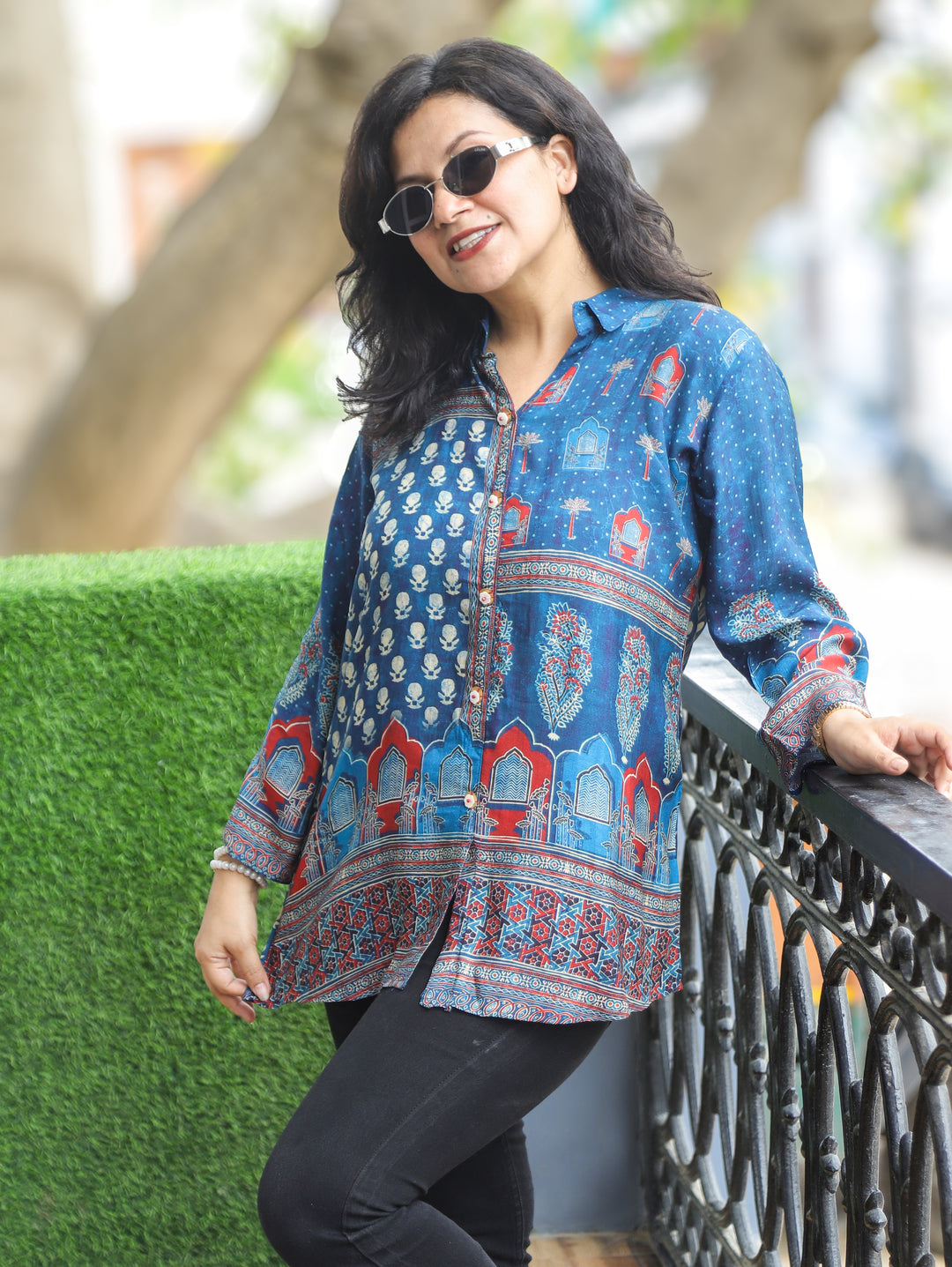 Raajvi Royal Blue Digital Print Muslin Shirt