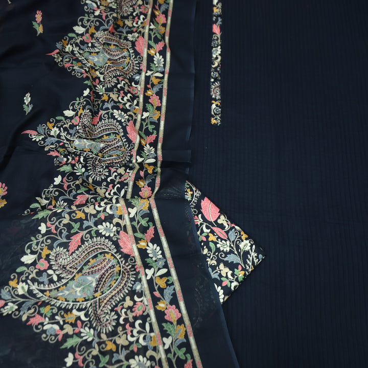 Aafeemi Navy Blue with Button Work Patch in Pintuck Work Cotton Suit Set