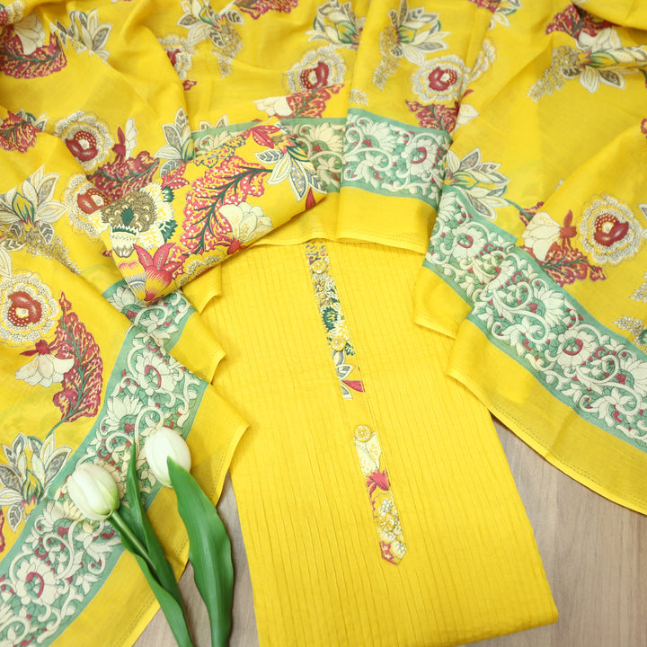 Aafeemi Sunflower Yellow with Button Work Patch in Pintuck Work Cotton Suit Set