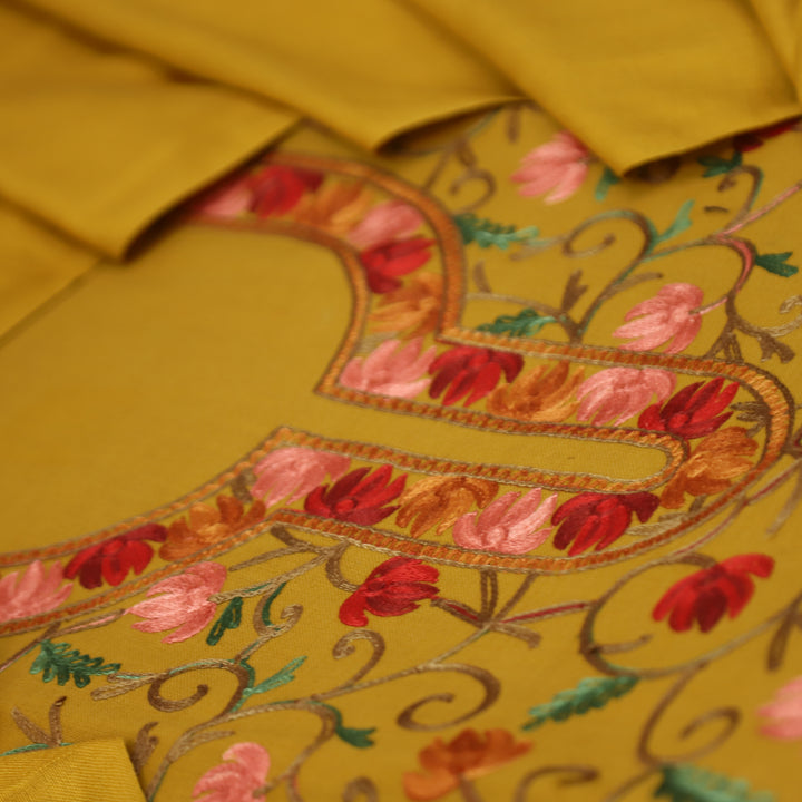 परशक्ति Dijon Yellow Elegant Woven Kashida Embroidery Semi Pashmina Winter Set
