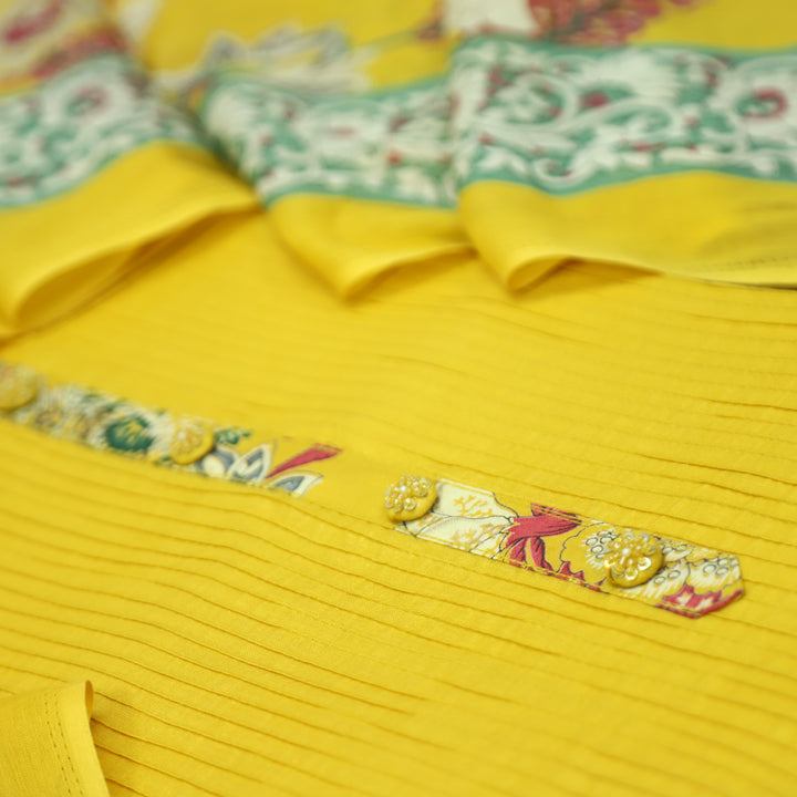 Aafeemi Sunflower Yellow with Button Work Patch in Pintuck Work Cotton Suit Set