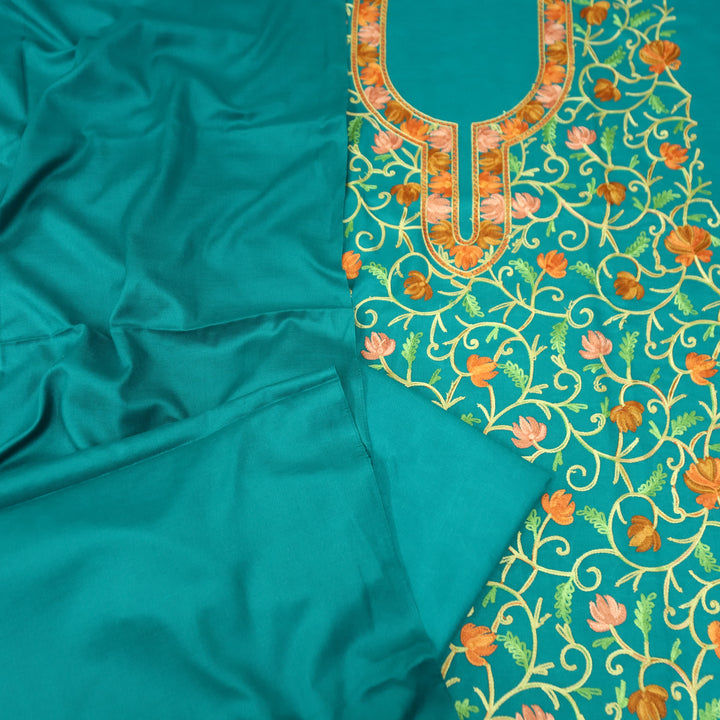 परशक्ति Aqua Teal Elegant Woven Kashida Embroidery Semi Pashmina Winter Set