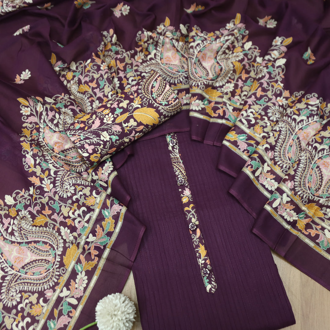 Aafeemi Eggplant Purple with Button Work Patch in Pintuck Work Cotton Suit Set