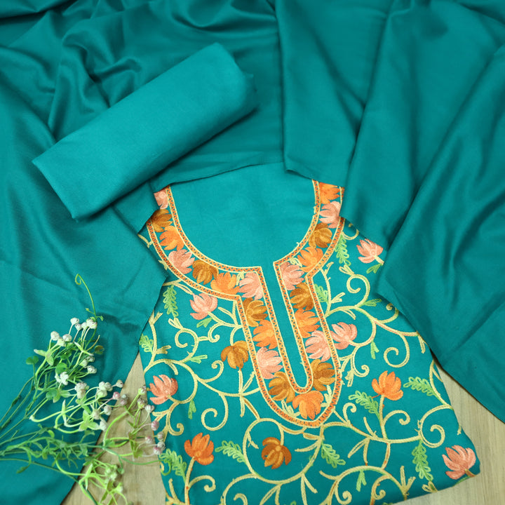 परशक्ति Aqua Teal Elegant Woven Kashida Embroidery Semi Pashmina Winter Set