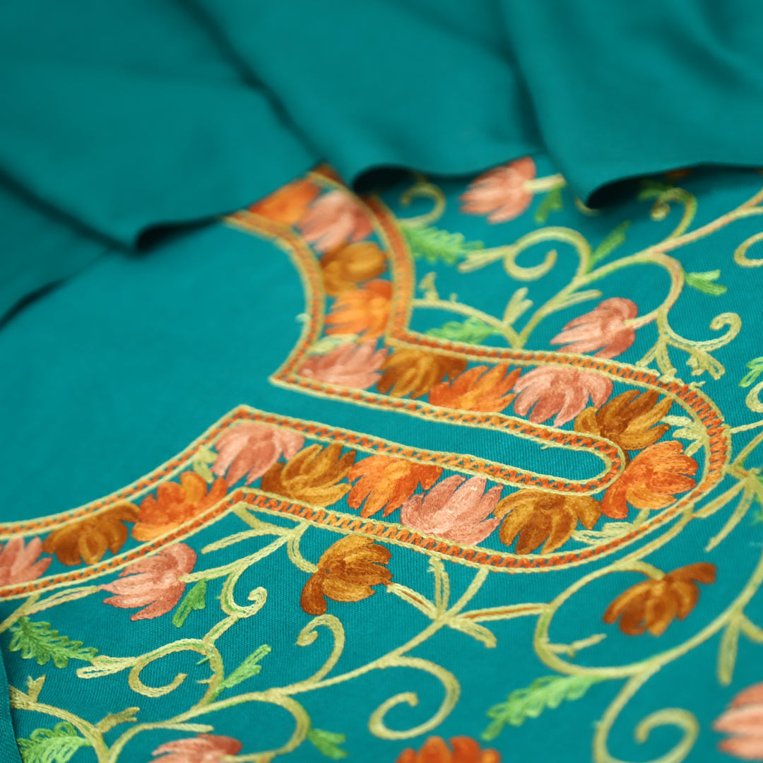 परशक्ति Aqua Teal Elegant Woven Kashida Embroidery Semi Pashmina Winter Set