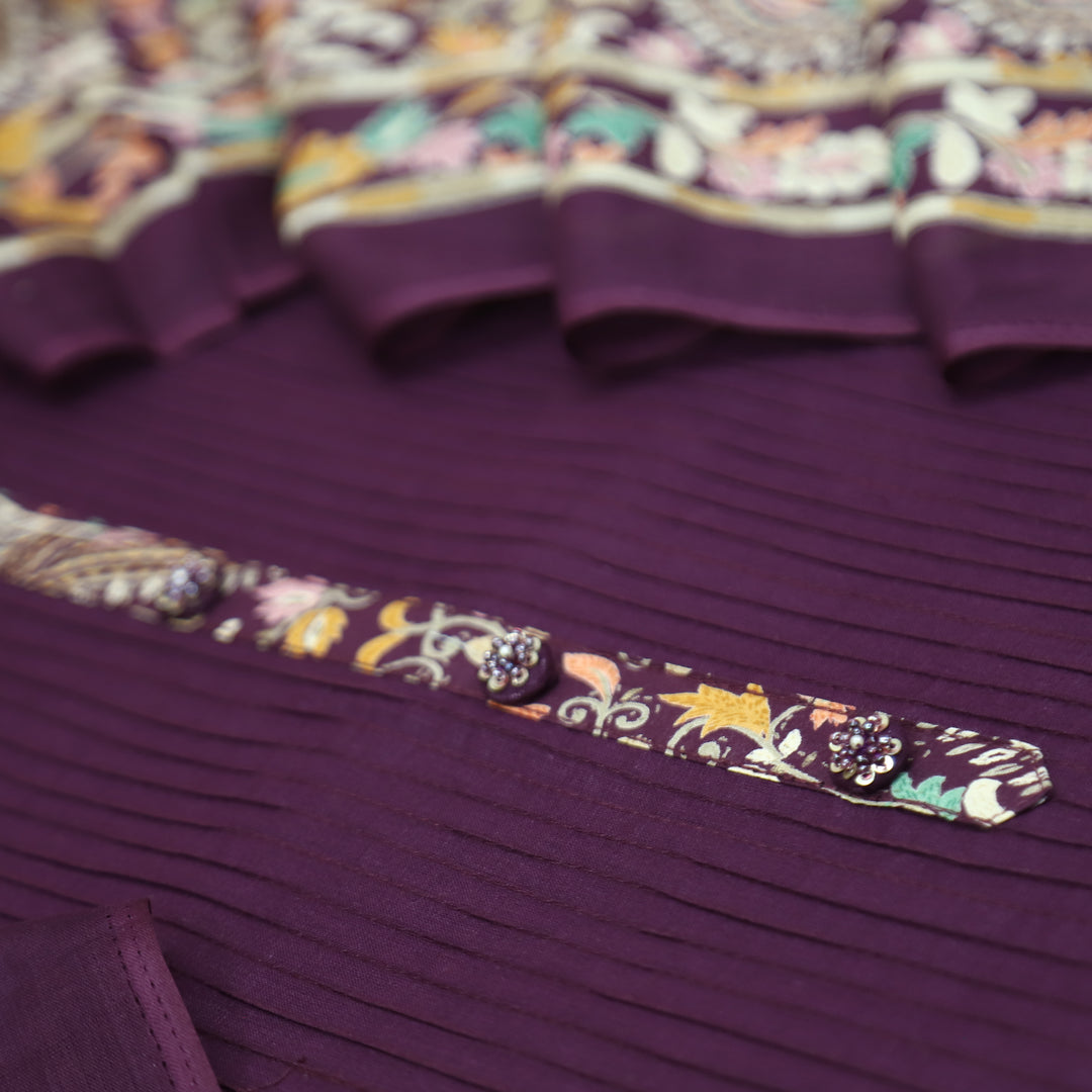 Aafeemi Eggplant Purple with Button Work Patch in Pintuck Work Cotton Suit Set