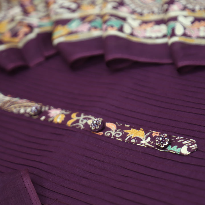 Aafeemi Eggplant Purple with Button Work Patch in Pintuck Work Cotton Suit Set