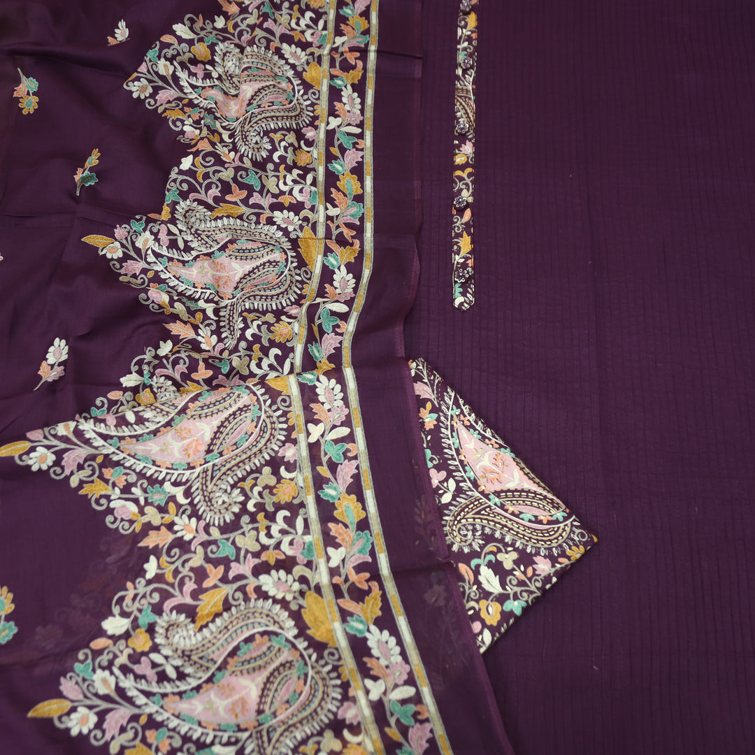 Aafeemi Eggplant Purple with Button Work Patch in Pintuck Work Cotton Suit Set