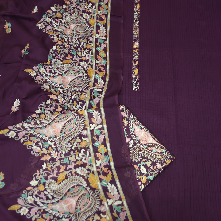 Aafeemi Eggplant Purple with Button Work Patch in Pintuck Work Cotton Suit Set