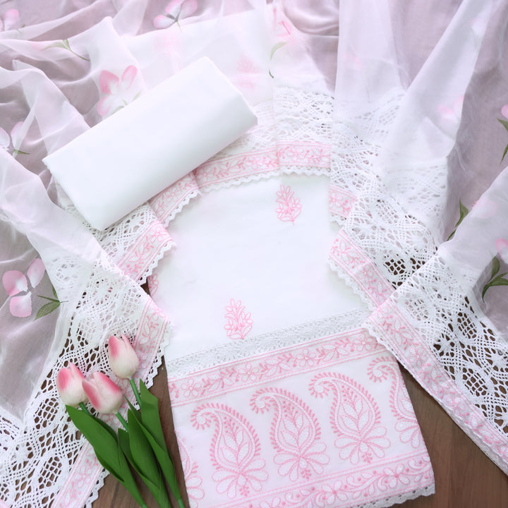 Nurvi Pearl White All Over Thread Embroidered with Embroidered Hem Cotton Set
