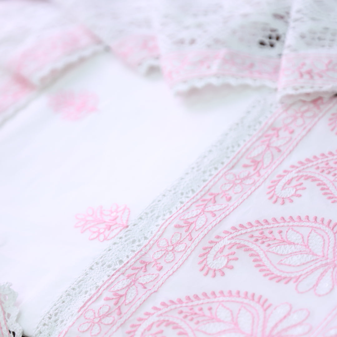 Nurvi Pearl White All Over Thread Embroidered with Embroidered Hem Cotton Set