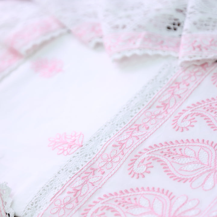 Nurvi Pearl White All Over Thread Embroidered with Embroidered Hem Cotton Set