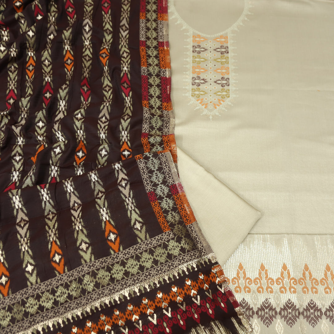 इशानी Sand Beige Thread Weaved with Zari Work Semi Pashmina Winter Set