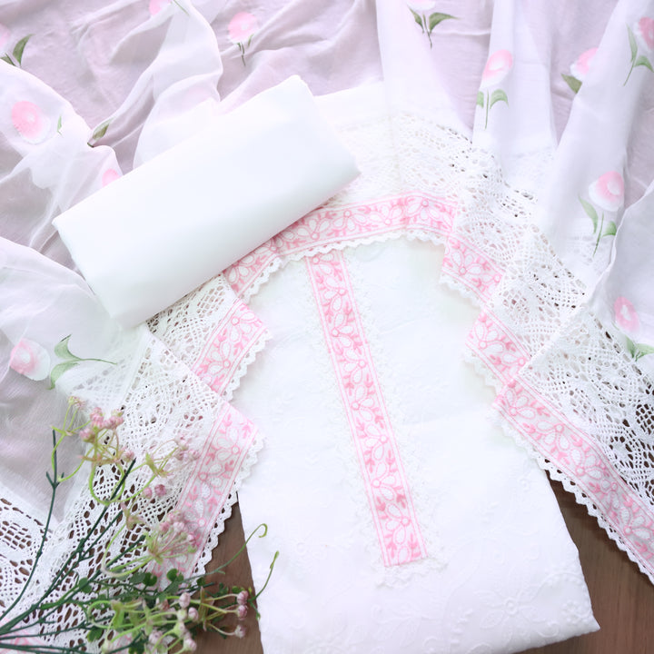 Nurvi White Lace Patch All Over Thread Embroidered with Crochet Hem Cotton Set