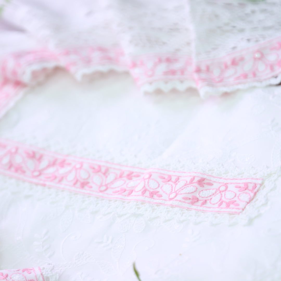 Nurvi White Lace Patch All Over Thread Embroidered with Crochet Hem Cotton Set