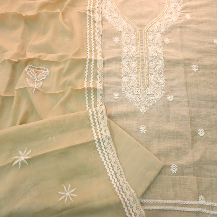 Vamika Sbad Beige Embroidered Neck Chanderi Set