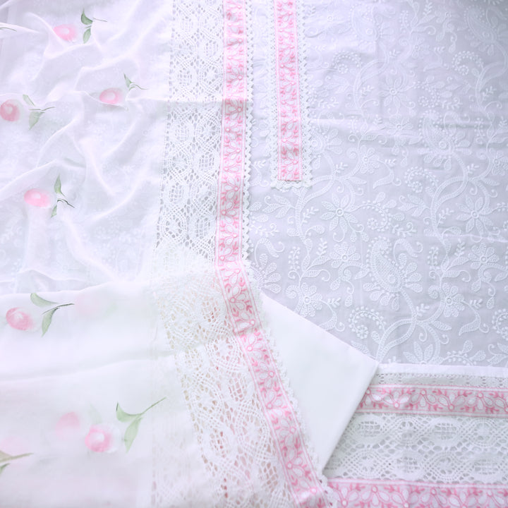 Nurvi White Lace Patch All Over Thread Embroidered with Crochet Hem Cotton Set