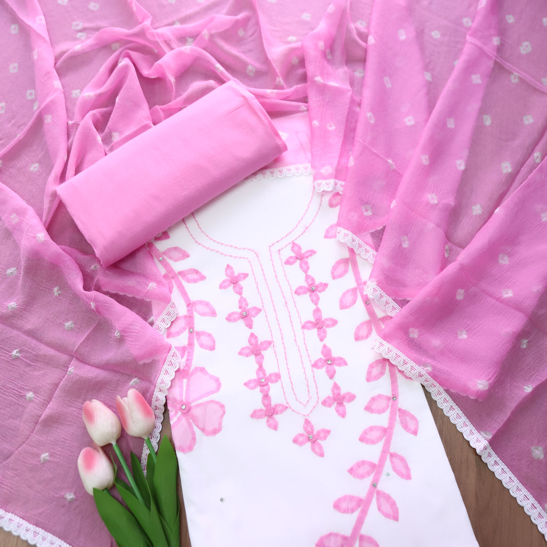 Sobiya White with Pink Floral Applique Work with Stone Cotton Suit Set