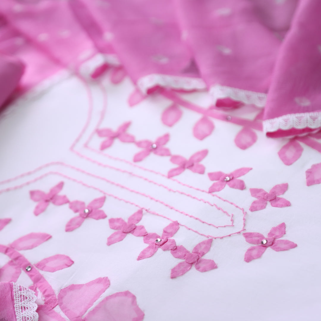 Sobiya White with Pink Floral Applique Work with Stone Cotton Suit Set