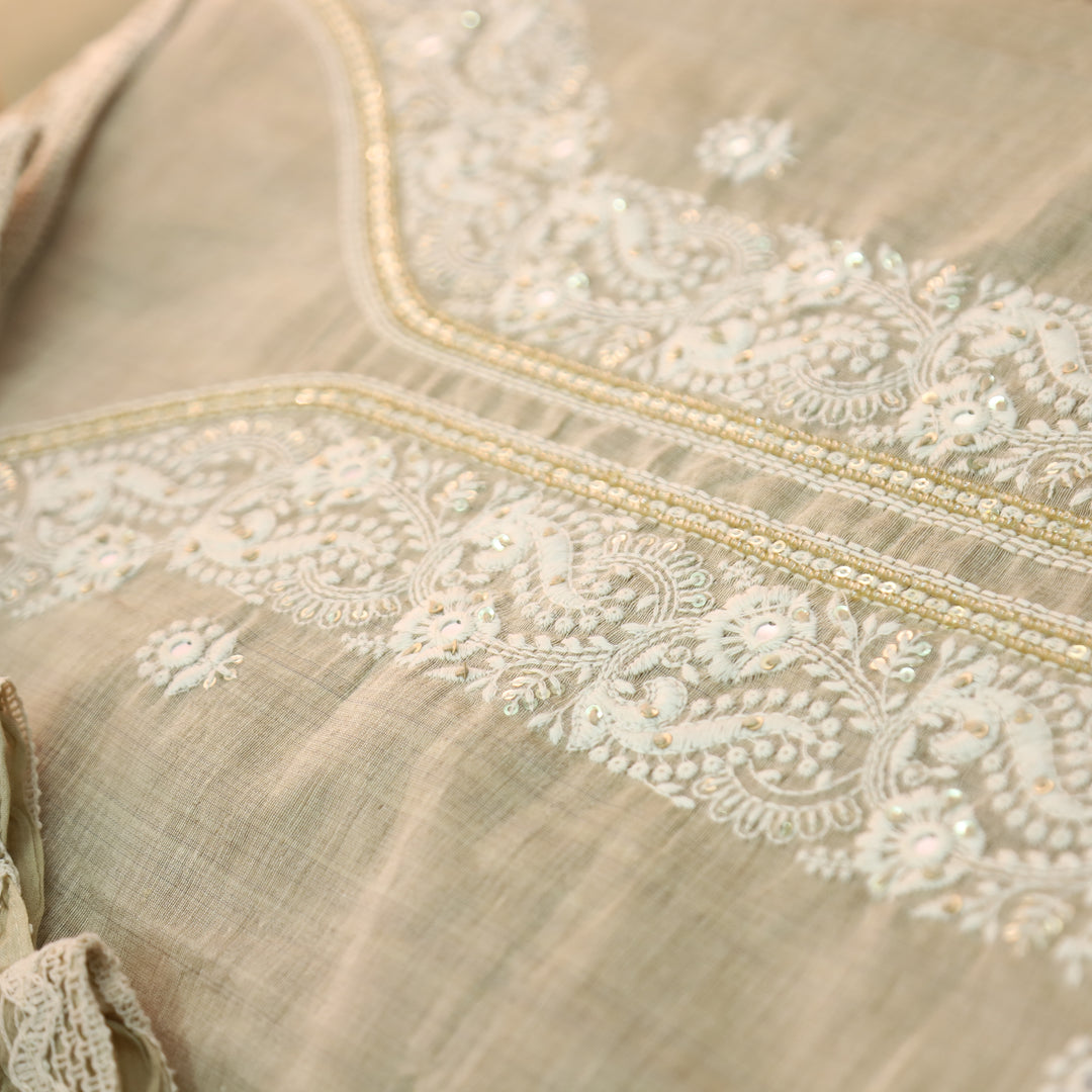 Vamika Sbad Beige Embroidered Neck Chanderi Set