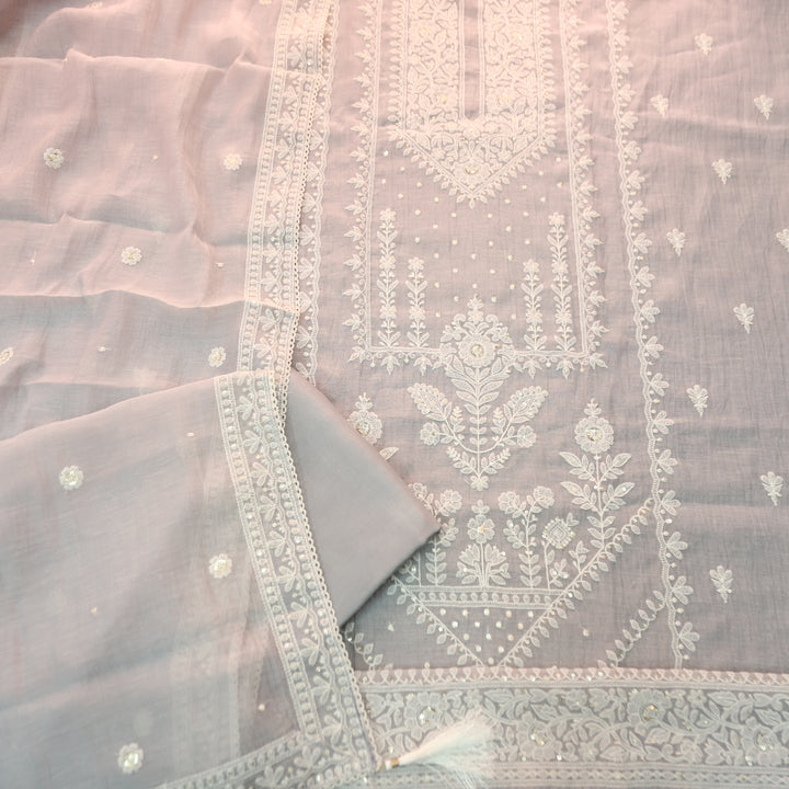 Vamika Fossil Grey Chikankari Embroidered Panel Mul Chanderi Set