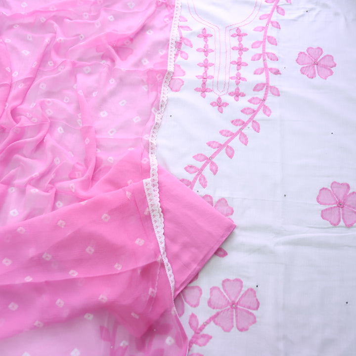Sobiya White with Pink Floral Applique Work with Stone Cotton Suit Set
