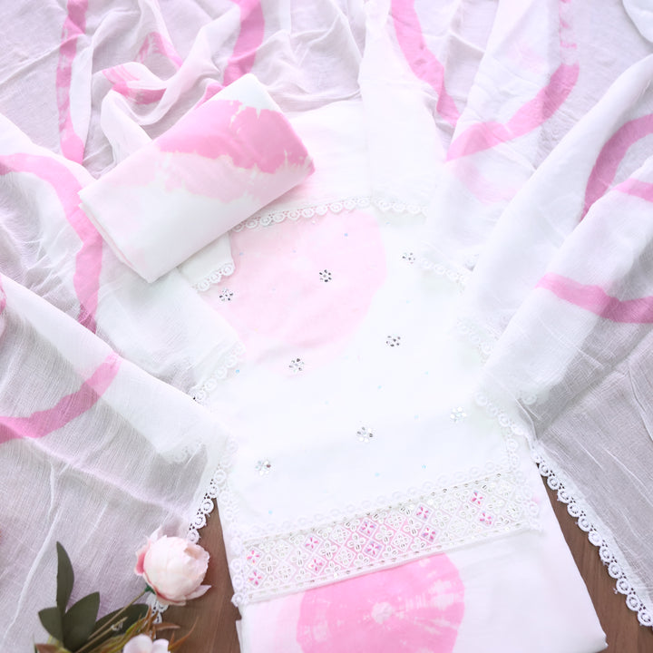 Nurvi Pearl White Patra Work Yoke in All Over Bandhej Work Cotton Suit Set