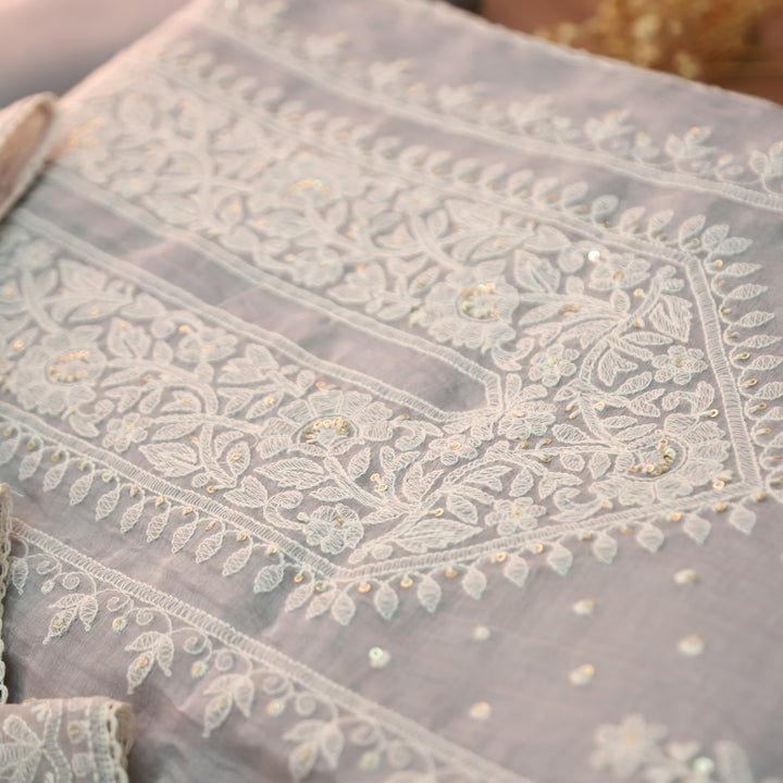 Vamika Fossil Grey Chikankari Embroidered Panel Mul Chanderi Set