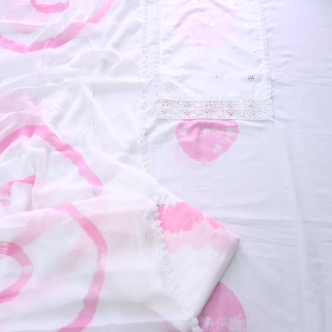 Nurvi Pearl White Patra Work Yoke in All Over Bandhej Work Cotton Suit Set