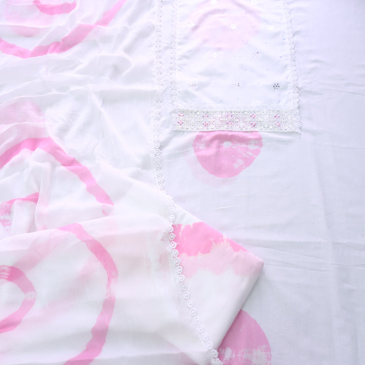 Nurvi Pearl White Patra Work Yoke in All Over Bandhej Work Cotton Suit Set