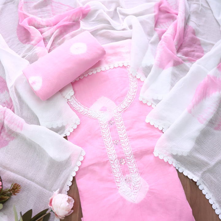 Nurvi Blossom Thread Embroidered with Patra in Bandhej Work Cotton Suit Set