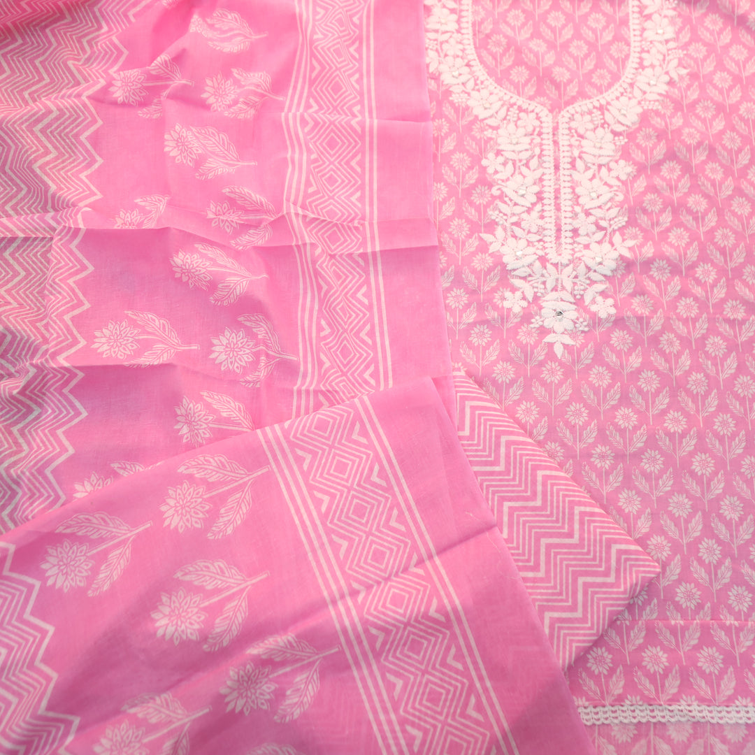 Aaruhi Fuscia Pink Chikankari Inspired Neck Printed Cotton Set