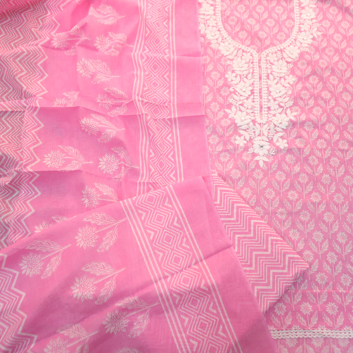 Aaruhi Fuscia Pink Chikankari Inspired Neck Printed Cotton Set