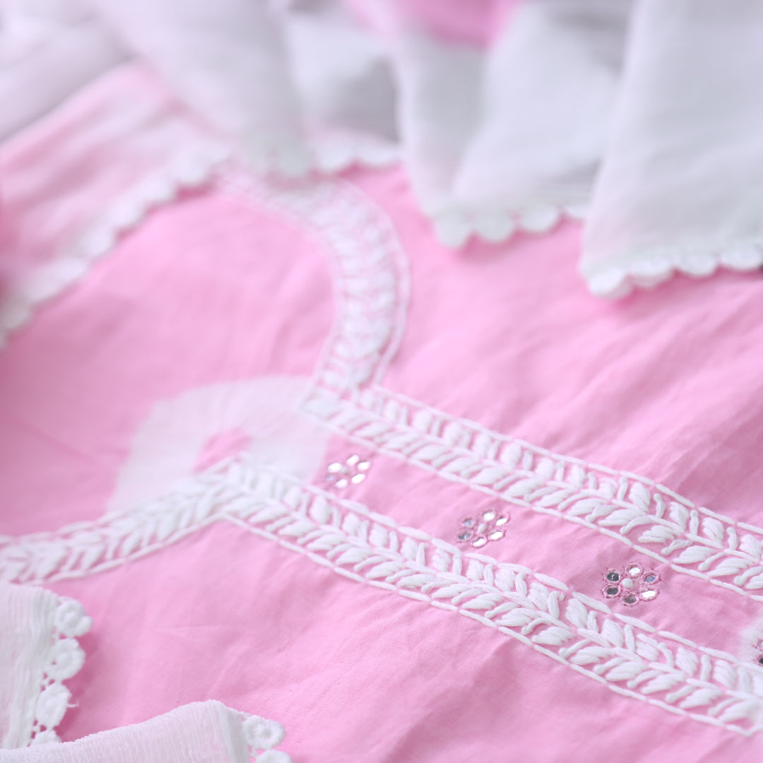 Nurvi Blossom Thread Embroidered with Patra in Bandhej Work Cotton Suit Set