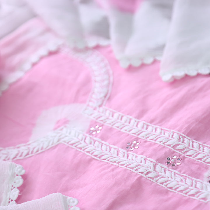 Nurvi Blossom Thread Embroidered with Patra in Bandhej Work Cotton Suit Set