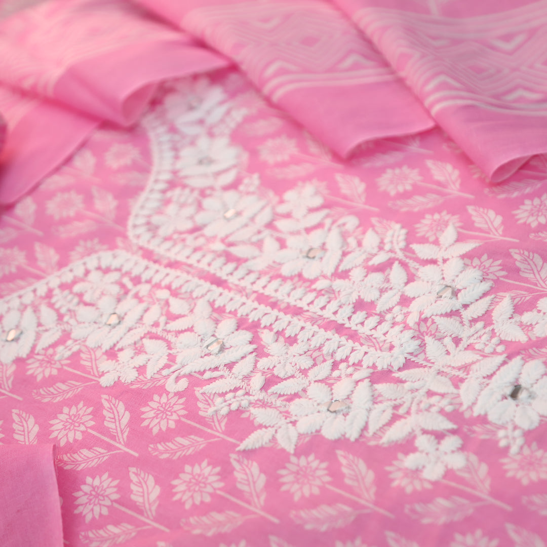 Aaruhi Fuscia Pink Chikankari Inspired Neck Printed Cotton Set
