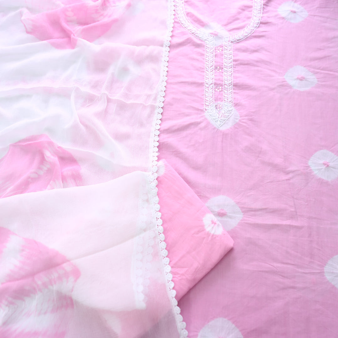 Nurvi Blossom Thread Embroidered with Patra in Bandhej Work Cotton Suit Set