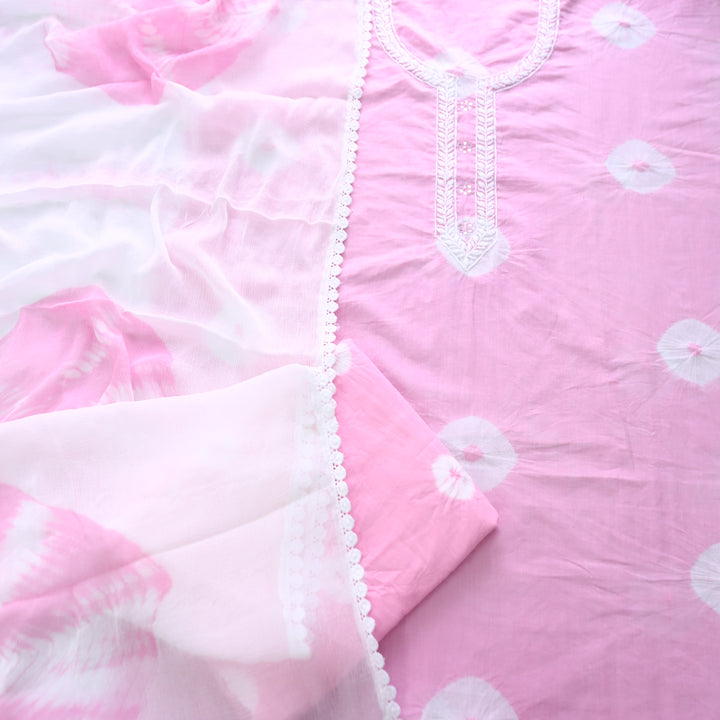 Nurvi Blossom Thread Embroidered with Patra in Bandhej Work Cotton Suit Set