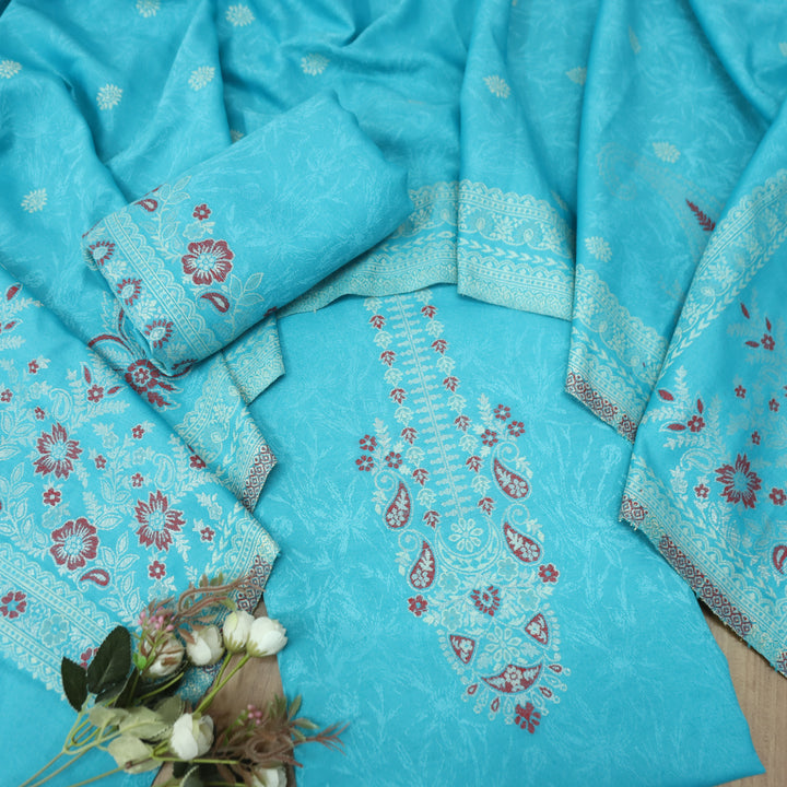चारु Aqua Blue Defined By Thread and Zari Weaved Neck Semi Pashmina Winter Set