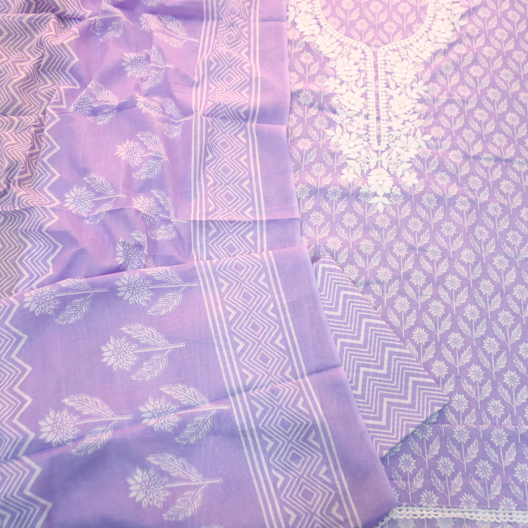 Aaruhi Heliotrope Lilac Chikankari Inspired Neck Printed Cotton Set