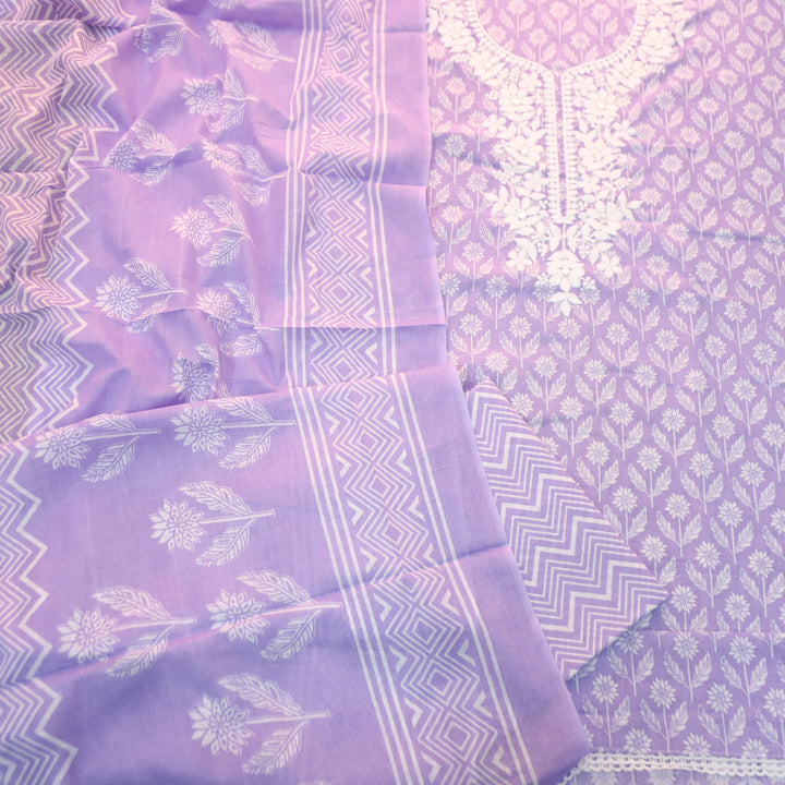 Aaruhi Heliotrope Lilac Chikankari Inspired Neck Printed Cotton Set