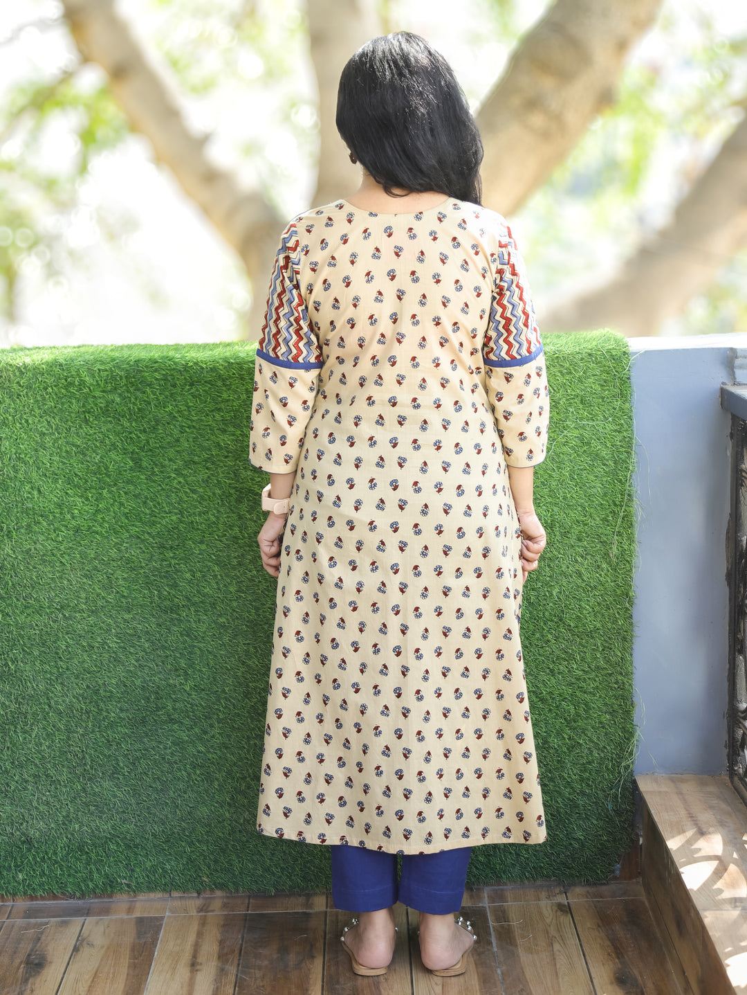 Mehram Cream Beige Running Thread Yoke in Panel Style Ajrak Printed Cotton Kurti