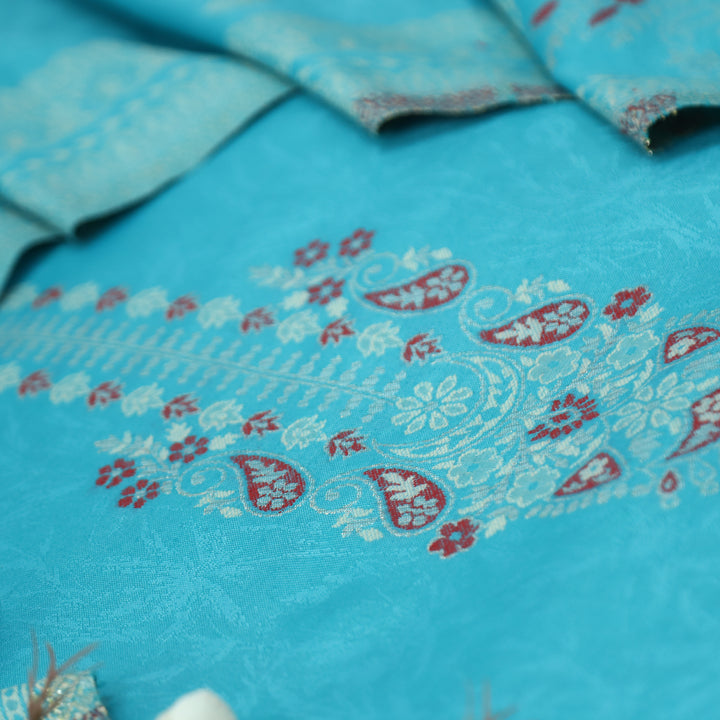 चारु Aqua Blue Defined By Thread and Zari Weaved Neck Semi Pashmina Winter Set