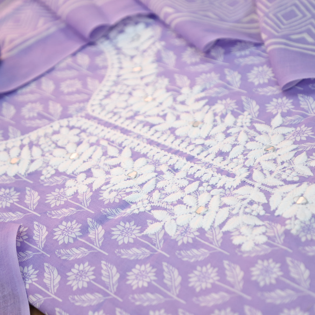 Aaruhi Heliotrope Lilac Chikankari Inspired Neck Printed Cotton Set