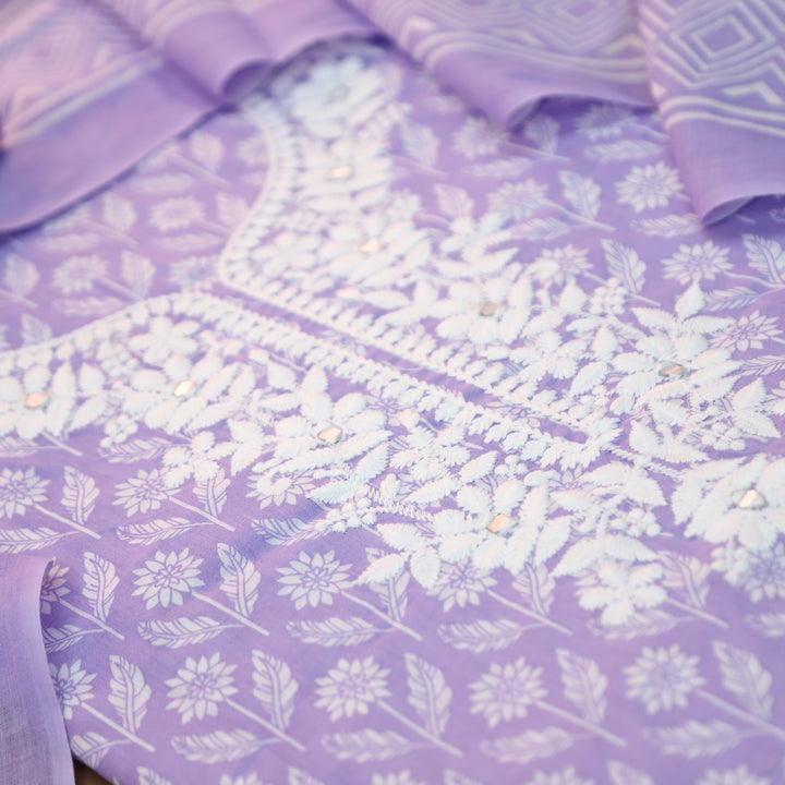 Aaruhi Heliotrope Lilac Chikankari Inspired Neck Printed Cotton Set