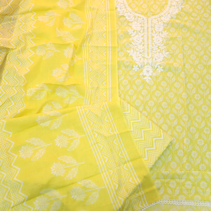 Aaruhi Corn Yellow Chikankari Inspired Neck Printed Cotton Set